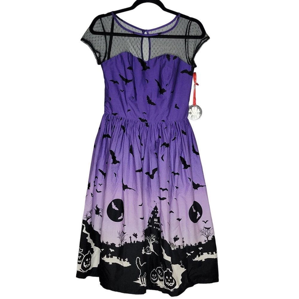 Purple Rockabilly Goth Punk Halloween‎ Dress Bats Haunted House Print Sheer Mesh